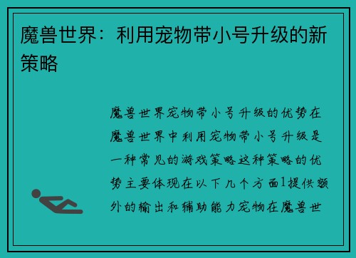 魔兽世界：利用宠物带小号升级的新策略